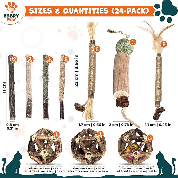 Silvervine Sticks for Cats 24 Pack Silvervine Cat Toy 10 Styles Dental Health and Calming Toy. Catnip, Gall Fruit and Bell Ball Cage Balls. Cleans Teeth & Calms Anxiety for Kitten (24 Pack) - PAWPICO