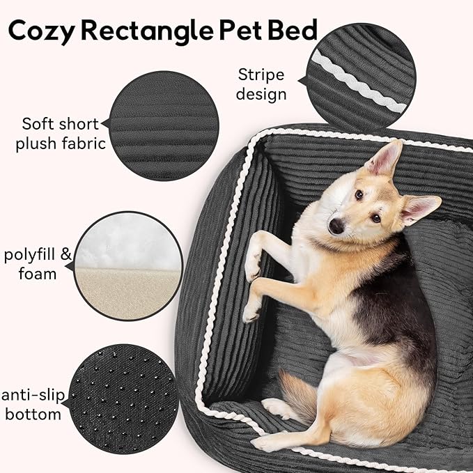 Rectangle Cat Dog Bed for Large Medium Small Pets Indoor Outdoor Machine Washable Sleeping Sofa Non-Slip Bottom Soft Puppy Bed Durable Orthopedic Calming Pet Cuddler (Medium, Dark Grey) - PAWPICO