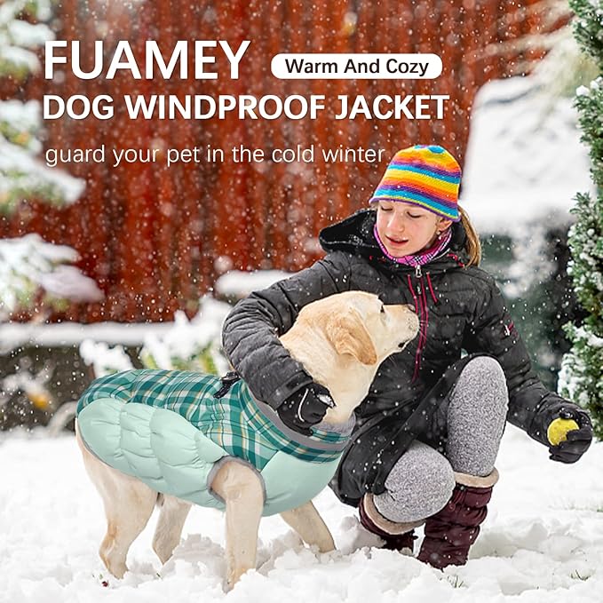 FUAMEY Dog Winter Coat,Dog Jackets with Harness Built in Dog Cold Weather Coats Dog Paded Vest Dog Apparel with Zipper on Back Pet Reflective Clothes for Small Medium Large Dogs Green Plaid S - PAWPICO