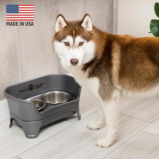 Neater Feeder - Express Model w/ Slow Feed Bowl - Mess-Proof Dog Bowls (M/L, Grey) Made in USA – Elevated, No Spill, Non-Tip, Non-Slip, Raised Stainless Steel Food/Water Pet Bowls Aid Digestion - PAWPICO