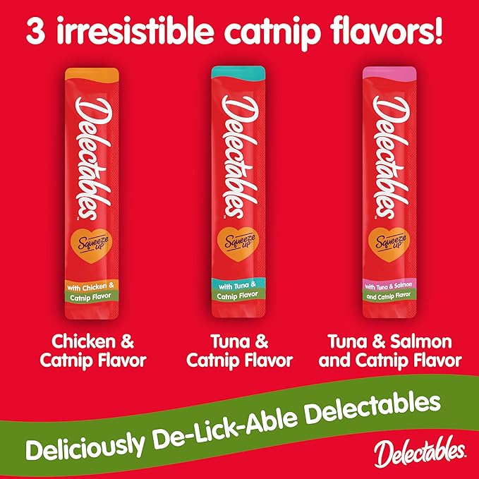 Delectables Squeeze Up Creamy Squeezable Puree, Lickable Wet Cat Treats, Grain Free, No Added Fillers, No By-Products, No Added Preservatives, 0.5 Ounces Tube Tuna & Salmon with Catnip, 32 Tubes Total Hartz