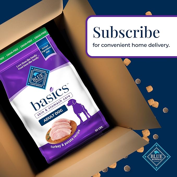 Blue Buffalo Basics Grain-Free Adult Dry Dog Food, Skin & Stomach Care, Limited Ingredient Diet for Dogs, Turkey Recipe, 24-lb. Bag - PAWPICO