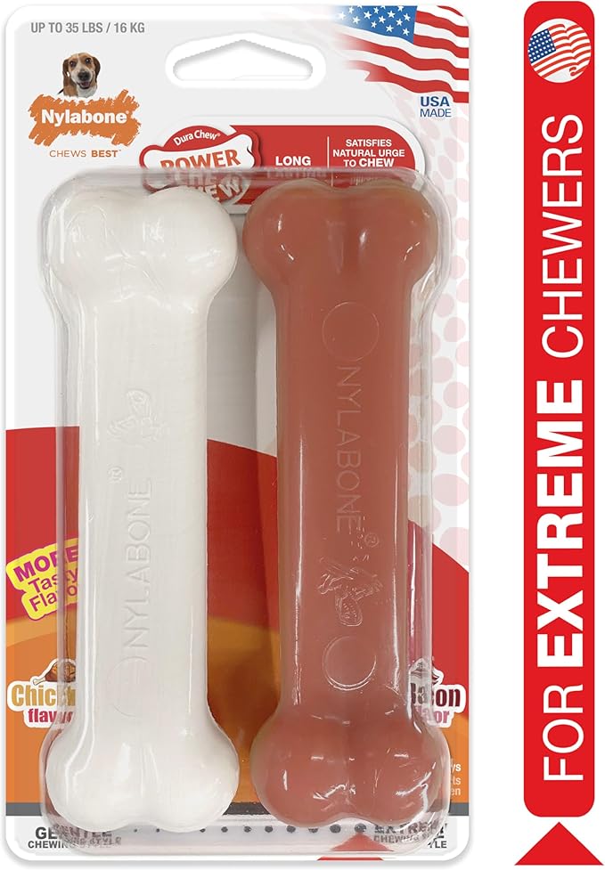 Nylabone Power Chew Classic Bone Chew Toy for Dogs, Durable Dog Toys for Aggressive Chewers, Bacon & Chicken Flavor, Medium/Wolf (2 Count) - PAWPICO