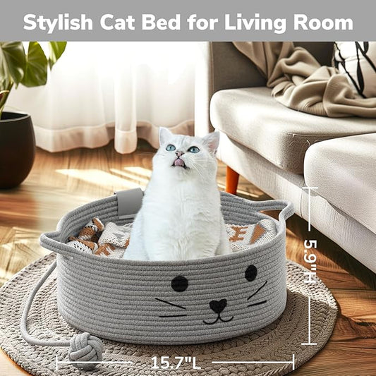 Cat Beds for Indoor Cats, Warm Soft Pet Bed Washable, Cute Cat Bed With Playing Rope Ball, Pet Gift Basket for Cat, Dog-15.7" L×5.9" H, Grey - PAWPICO