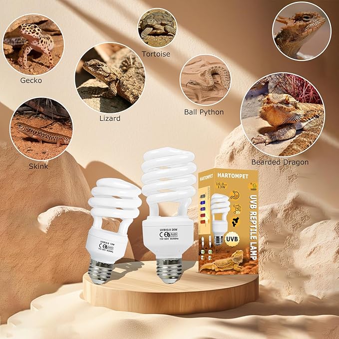 10.0 UVB Reptile Light 26W, Compact Desert Lamp, Coil UVB Bulb for Bearded Dragons, Lizards, Snakes, Geckos, Amphibians – Lighting for Habitat Tank, Pet Terrarium & Large Reptile Cage HARTOMPET