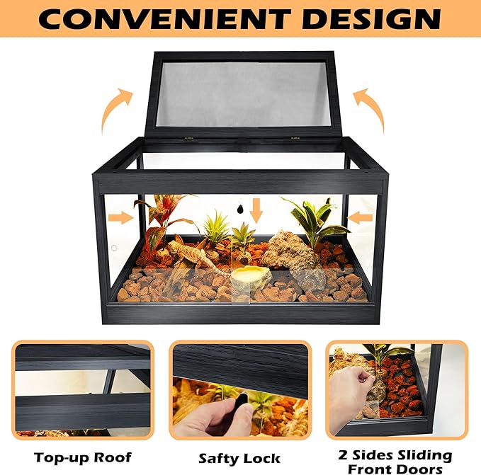 Bearded Dragon Tank 28 Gallon, Lizard Tank, Reptile Tank with Metal Mesh Roof Door, Snake Tank with Lock Design, 24" Long, Black PROLEE