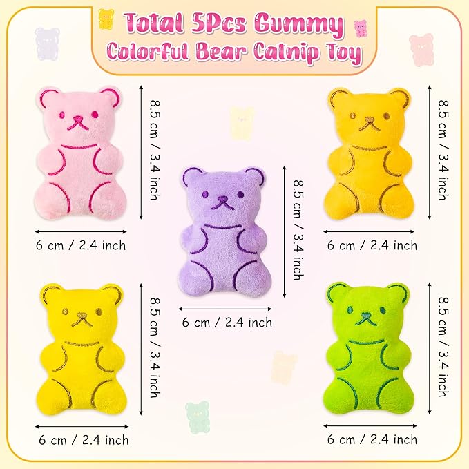 MALLMALL6 Catnip Toys for Cat - 5Pcs Gummy Colorful Bear Catmint Interactive Cat Toy for Indoor Cats, Soft Plush Candy Cat Supplies, Kitten Teething Chew Toy Set, Cute Pet Gifts for Cat Lover - PAWPICO