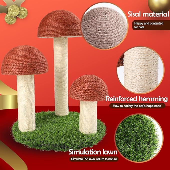 PowerKing Cat Scratching Post, Mushroom Claw Scratching Post for Cat, Natural Sisal Cat Scratchers with 3 Mushroom Pole, Cat Interactive Toys - PAWPICO
