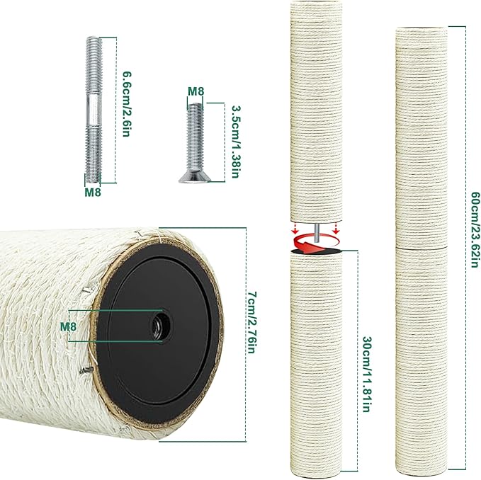 Cat Scratching Post Replacement Pole,4 PCS 11.81in Cat Tree Replacement Post,Natural Sisal Cat Tree Replacement Parts with M8 Screws,Cat Scratch Post Replacement for Refurbishment - PAWPICO