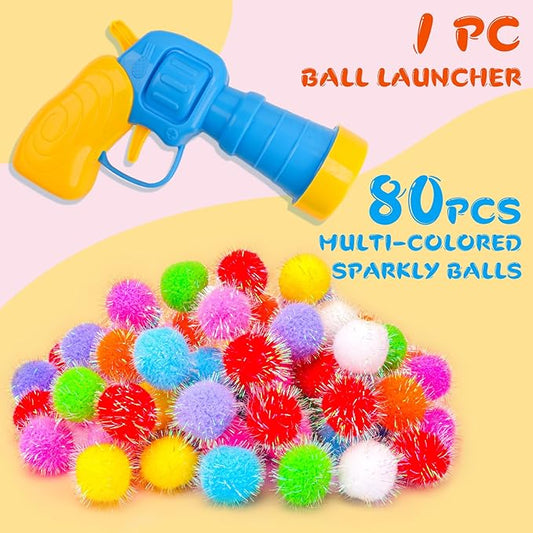 BooTaa Pet Toys, Interactive Cat Toy Set, 80pcs Glitter Pom-Poms Cat Ball Toy with 1 Launcher, Safe Soft Cat Toy Balls for Fetch, Training, Playing - PAWPICO