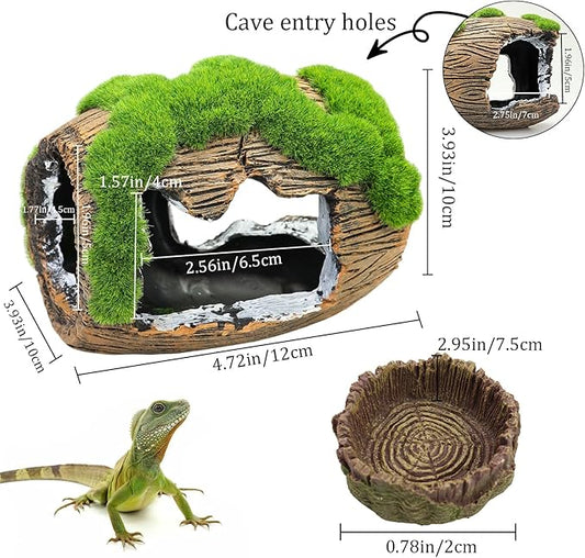 Gecko Hide Cave with 2Pcs Feeder, Reptile Hideout for Hermit Crab, Bearded Dragon,Lizard,Turtles,Snake Reptile Hideout Cave,Reptile Habitat Terrarium Tanks Decor Accessorie Dexspoeny