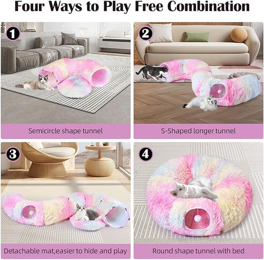 Odoland Cat Tunnels for Indoor Cats with Fluffy Plush Central Cat Couch and 20 Cat Toys, Tunnel Bed for Cats with Hanging Ball, Detachable Soft Mat and Variety Kitty Toy Set, Pink - PAWPICO