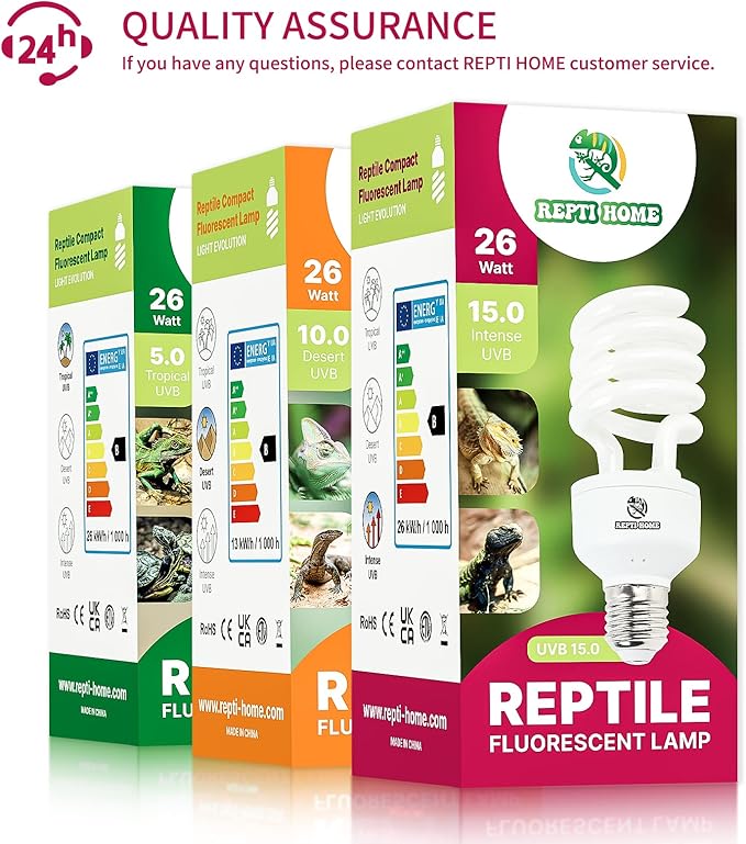 UVB Reptile Light 15.0, 26W Intense UVA UVB Bulb for Reptiles, Terrarium Compact Fluorescent Lamp, Reptile UVB Light Bulb for Desert Reptiles & Amphibians REPTIHOME