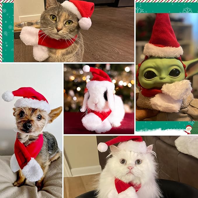 PETLESO Cat Santa Hat with Scarf, Christmas Hats for Cats Small Dog Santa Hat Christmas Costume for Cat Rabbit Puppy Doll Decoration, Red S - PAWPICO