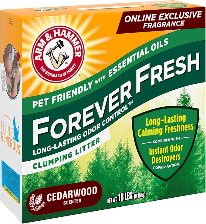 Arm & Hammer Forever Fresh Clumping Cat Litter Cedarwood, MultiCat 18lb, Pet Friendly with Essential Oils, (Pack of 1) - PAWPICO