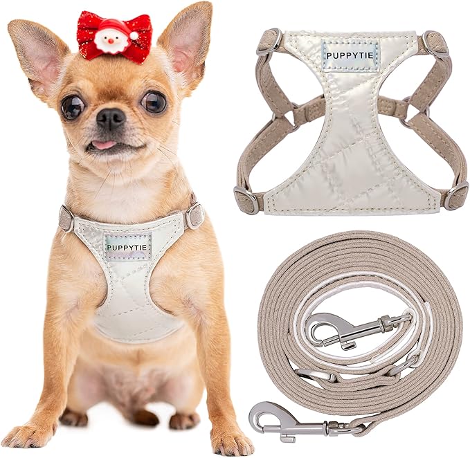 Puppytie No Pull xs Dog Harness with Multifunction Dog Leash,Soft Adjustable No Choke Escape Proof Pet Harness Vest,Glossy Pearl White,XXS Puppytie