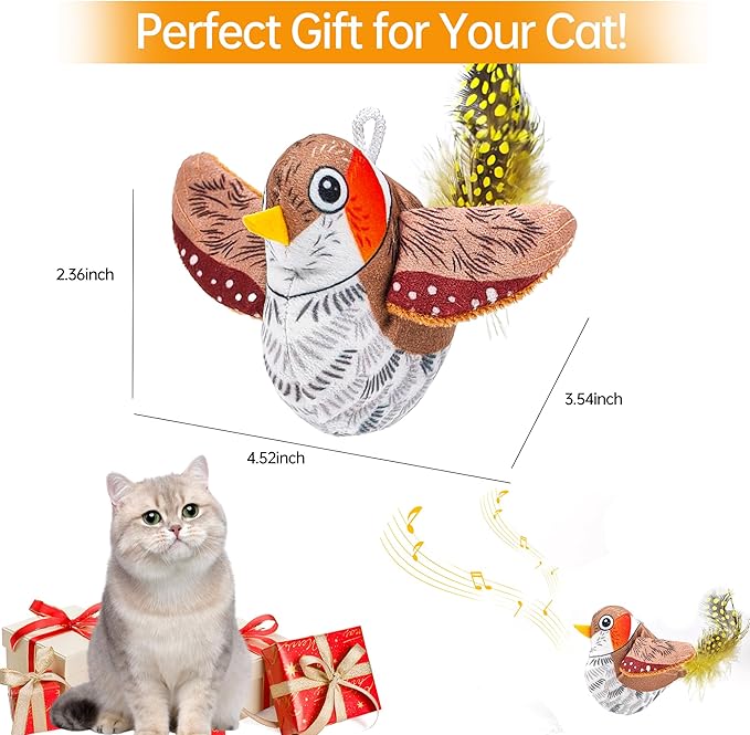 Chirping Bird Cat Toys Hanging Cat Feather Toy - Catnip Interactive Cat Toys for Indoor Cats - Automatic Cat Toy for Cat Exercise & Kicker to Self Play (Gray New) - PAWPICO