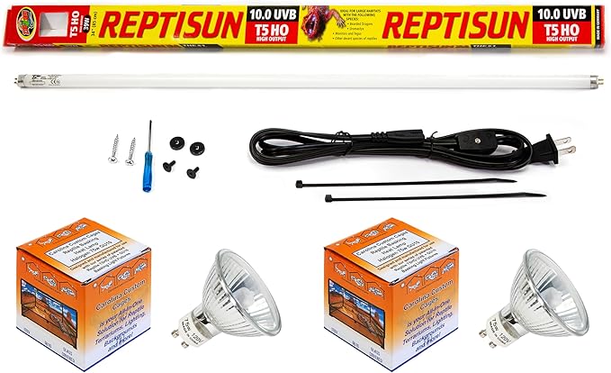 Carolina Custom Cages Reptile 34" T5HO UVB 39W + Double GU10 Basking Light Fixture, Bundle with 10.0 UVB Tube and Two 75w Heat Lamps CarolinaCustomCages