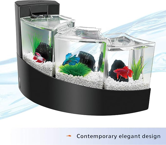 Aqueon Betta Falls 3 Section Aquarium Fish Tank With QuietFlow Power Filtration, Black Aqueon