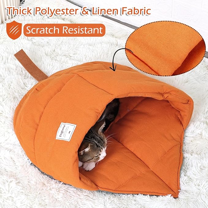Cat Sleeping Bag,Cozy Cat Bed Cave Leaf Nest,Linen Fabric Pet Cuddle Zone,Covered Hide Warm Burrowing Soft Durable Washable Cat Bed for Indoor Puppy and Kitten(Maple Leaf Orange) - PAWPICO