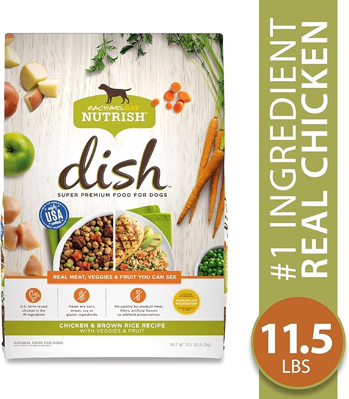 Nutrish Rachael Ray Dish Premium Natural Dry Dog Food with Added Vitamins, Minerals & Taurine, Chicken & Brown Rice Recipe with Veggies & Fruit, 11.5 Pound Bag - PAWPICO