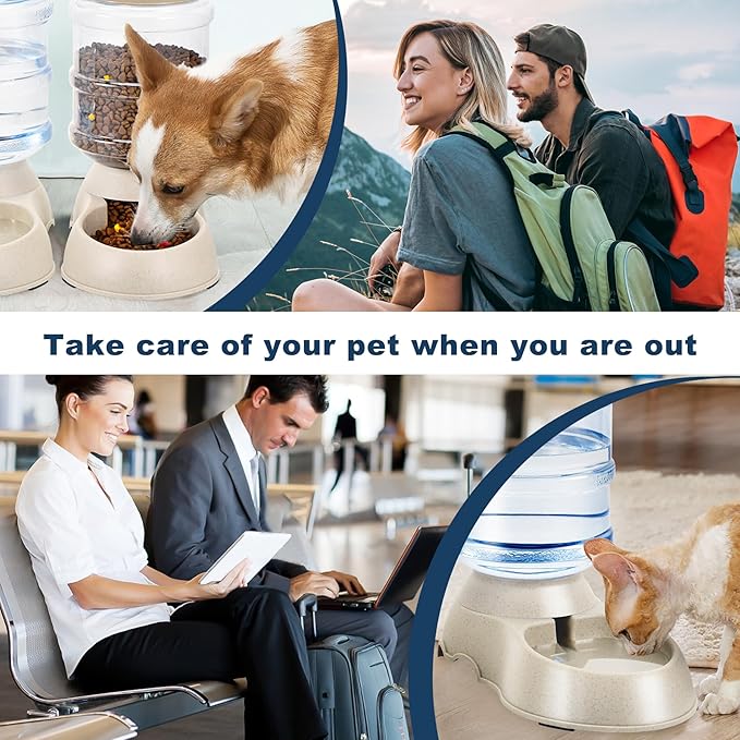 2 Pack Automatic Cat Feeder and Water Dispenser in Set Pet Food Bowl for Small Medium Dog Pets Puppy Kitten Big Capacity 1 Gallon x 2 (Cream) - PAWPICO