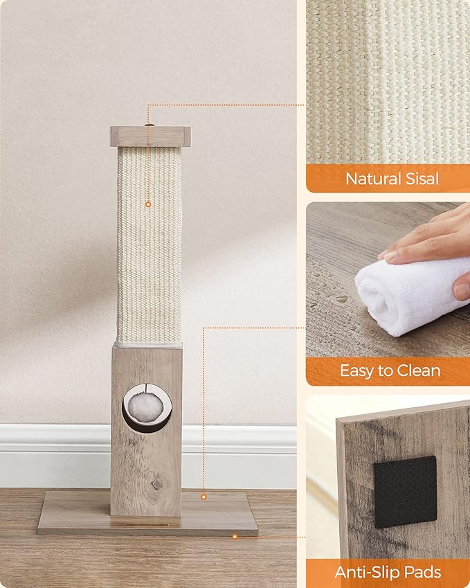 Feandrea Cat Scratching Post, Cat Scratcher for Indoor Cats, 28.7 Inches Tall, Furniture Scratching Deterrent Sisal Scratch Pole with Toy, Greige UPCA021G01 - PAWPICO