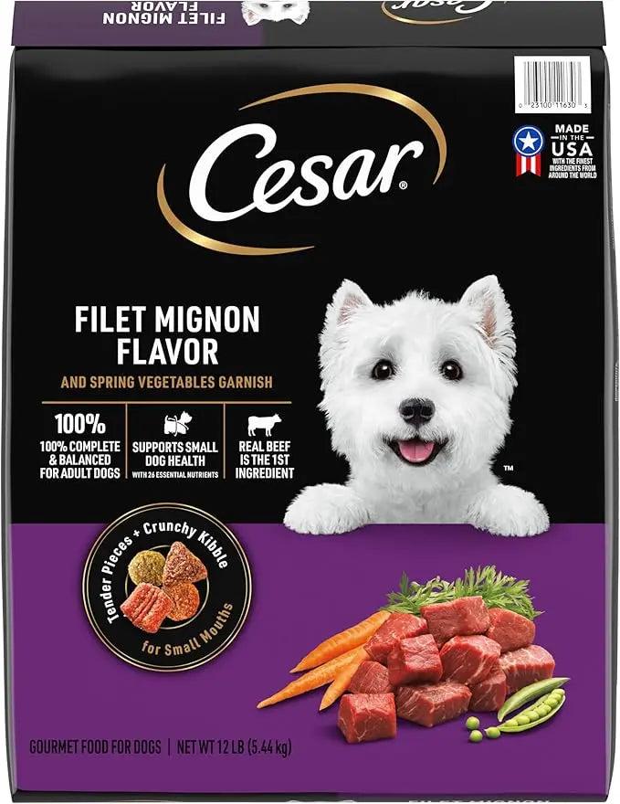 CESAR Small Breed Adult Dry Dog Food Filet Mignon Flavor with Spring Vegetables Garnish Dog Kibble, 12 lb. Bag - PAWPICO