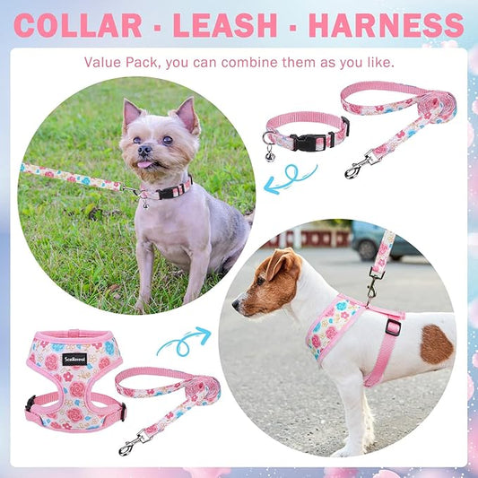 SCENEREAL Small Dog Harness Collar and Leash Set, Adjustable No Pull Pet Harnesses, No Chock Soft Mesh Step in Vest for Doggie Puppy Medium Dogs Cats Girl or Boy,Chihuahua, Yorkie, Outdoor Walking SCENEREAL