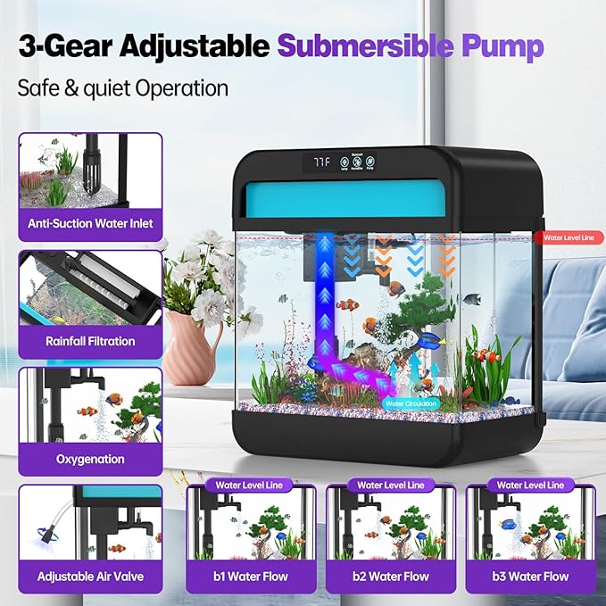 Fish Tank Aquarium 2.2 Gallon Fish Bowl with Music Humidifier 7 Color Auto-Looping Light Adjustable Pump with Filtration & Aeration & Circulation, Temperature Display, Bottom Water Changer Wilody