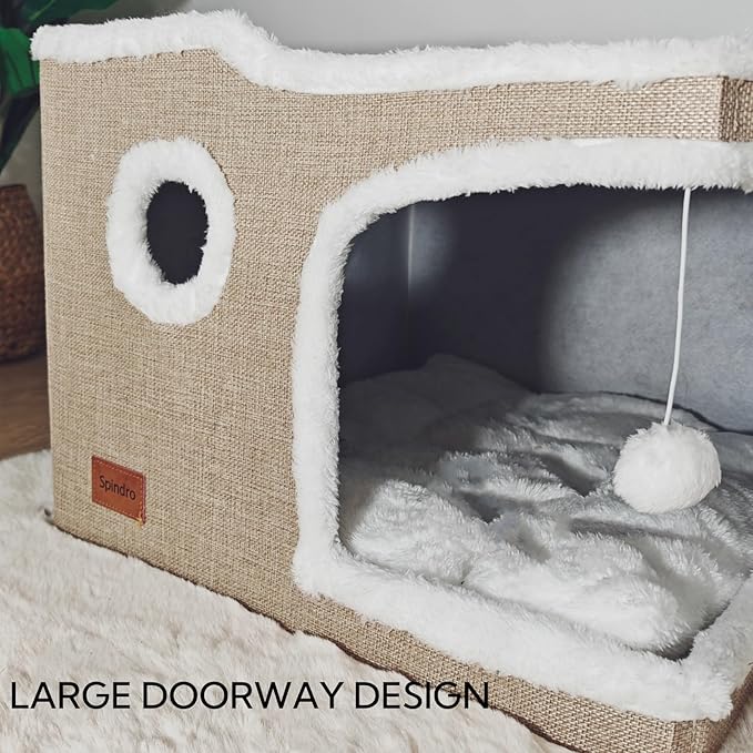 Large Cat Bed for Indoor Cats, Foldable Adult Cat Cave Anti Anxiety Cat House Cube with Scratch Pad Cat Towers, Cute Kitten Condo Hideaway Hut with Soft Pillow Mat for 2 Pets Under 30 lbs Kaki - PAWPICO