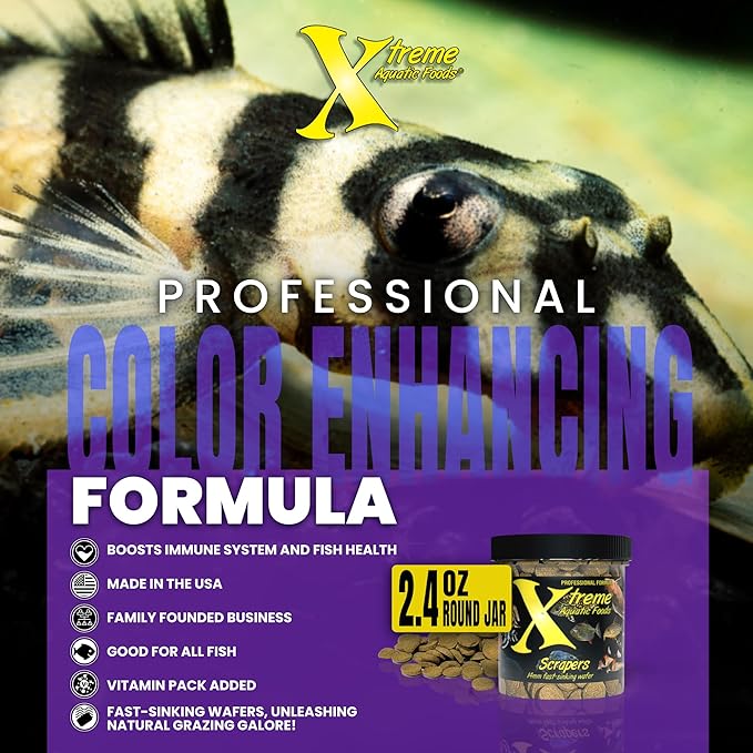 Xtreme Scrapers Wafers - Premium 14mm Fast-Sinking Fish Food – Nutrient & Cellulose Rich Ideal for Nocturnal Feeders, Catfish, Plecostomus Species, and Loaches – USA Farm Grown (2oz) XtremeAquaticFoods