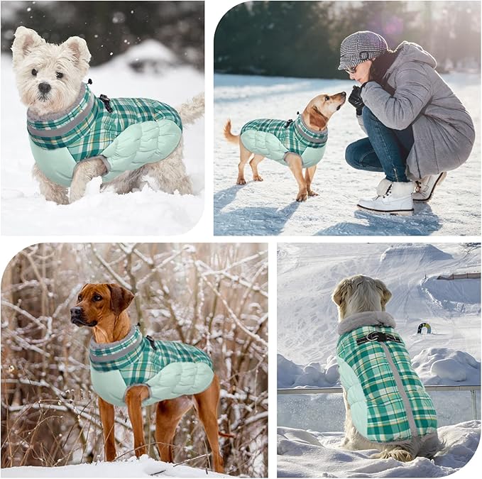 FUAMEY Dog Winter Coat,Dog Jackets with Harness Built in Dog Cold Weather Coats Dog Paded Vest Dog Apparel with Zipper on Back Pet Reflective Clothes for Small Medium Large Dogs Green Plaid S - PAWPICO