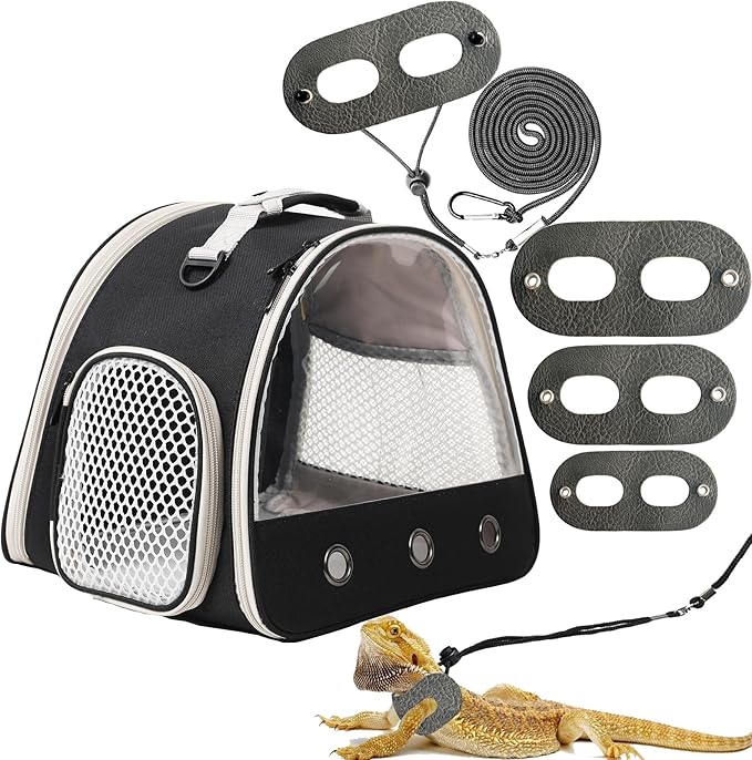 Leopard Gecko Portable Carrier with Leather Harness and Leash Set,Small Animal Travel Cage with Transparent Window,Lizard Carrier for Hamster Rabbit Gerbil Hedgehog Sugar Glider WEVONIGU