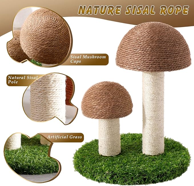 Cat Scratching Post - Mushroom Cat Scratcher Featuring with Natural Sisal Caps Scratch Pole and Sturdy Base for Kittens & Small Cats - Brown - PAWPICO