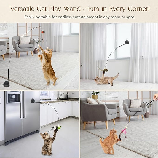 Interactive Suction Cup Cat Toy for Indoor Cat, Long Tail Feather Bird, Spring Wire Suctions to Ground, Hands Free Bird Simulation Cat Toy Wand Set that Sticks to Floor, Feathers & Bells - PAWPICO
