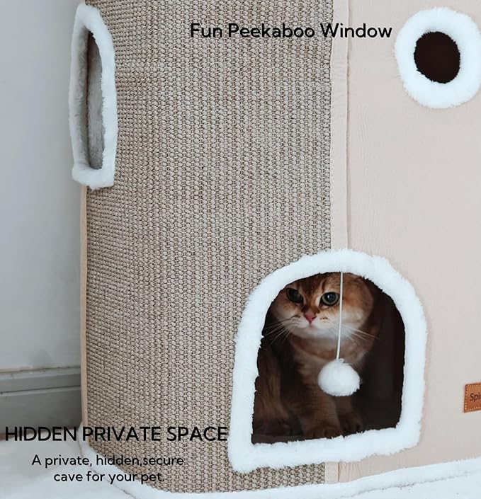 4-Level Cat House for Indoor Cats, Large Adult Cat Peekaboo Cave Bed Cats Cube Houses with Scratch Pad Cat Towers Cute Kitten Condo Hideaway Hut for Multi Pets Under 55 lbs Beige - PAWPICO