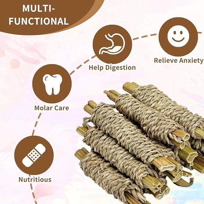 Fhiny 12 PCS Rabbit Chew Sticks, Natural Papaya Wood Seagrass Guinea Pig Chew Toys for Teeth Small Animal Molar Sticks Snacks for Bunny Guinea Pig Chinchilla Ferret Hamster Gerbil Dental Care Fhiny
