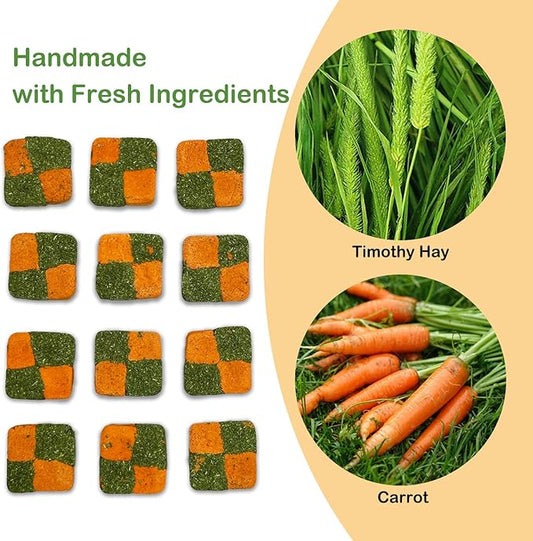 Fhiny 24 PCS Rabbit Chew Toys, Natural Timothy Hay Carrot Biscuit Handmade Bunny Molar Toys for Teeth Small Animal Snacks for Rabbits Guinea Pigs Chinchillas Hamsters Gerbils Fhiny