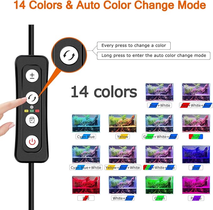 AQQA LED Aquarium Light Classic Full Spectrum Fish Tank Plant Light with 14 Colors Adjustable Brightness Waterproof Dimmable Fish Planted Light for Aquarium 31-39 Inch (28W) AQQA