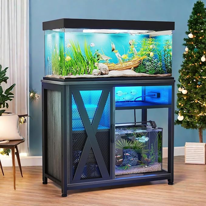 YITAHOME Fish Tank Stand with Power Outlets & LED Light, 40-50 Gallon Metal Aquarium Stand with Cabinet for Fish Tank Accessories Storage for Turtle Tank, Reptile Terrarium, 660LBS Capacity, Grey YITAHOME