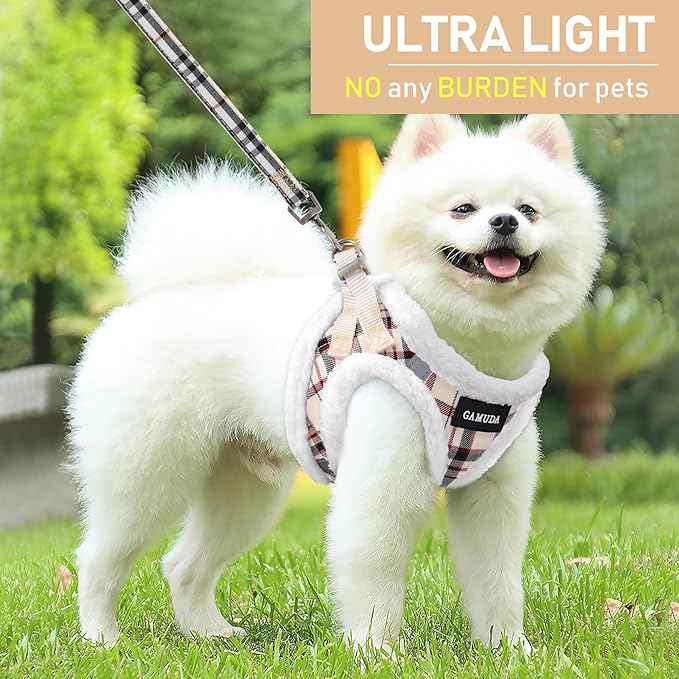 GAMUDA Small Dog Harness Collar and Leash Set, Step in No Chock No Pull Soft Mesh Adjustable Dog Vest Harnesses Plaid Reflective for Dogs Puppy Cats Kitten Rabbit (Warm Beige, XXS) GAMUDACollarsCollection