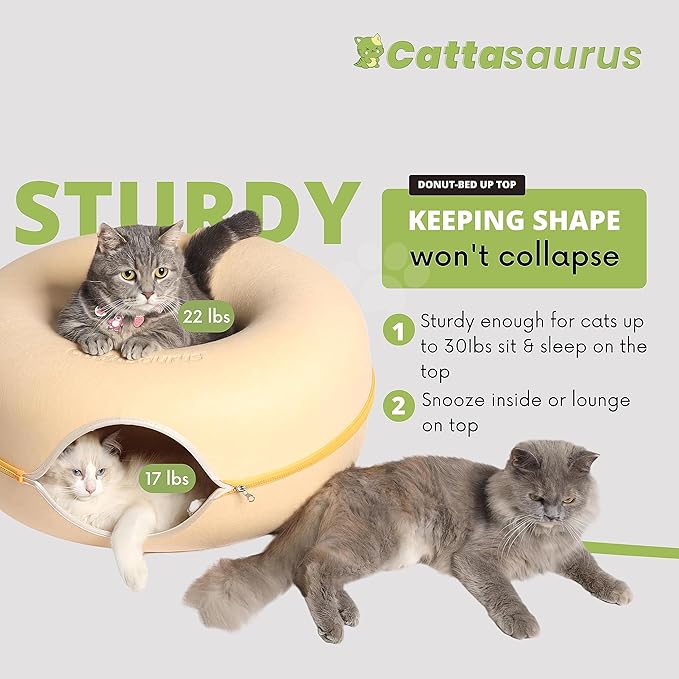 CATTASAURUS Peekaboo Cat Cave for Multiple & Large Cats Up to 30-45 Lbs, Scratch Detachable & Washable Tunnel Bed, Comfy Donut Cat Cave (Pastel Macaron, Large) - PAWPICO