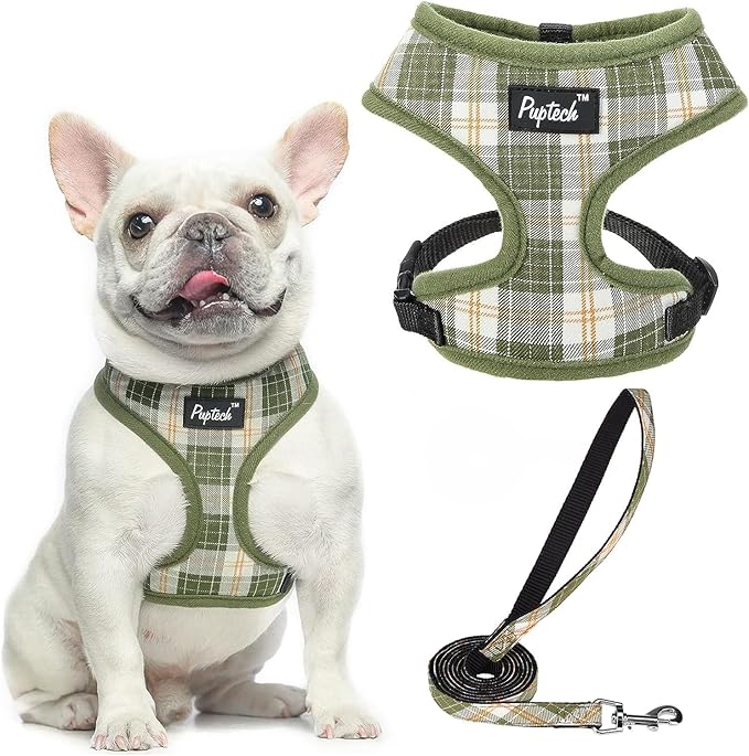 PUPTECK Soft Mesh Dog Harness and Leash Set Pet Puppy Cat Comfort Padded Vest No Pull Harnesses, Olive Green, S PUPTECK