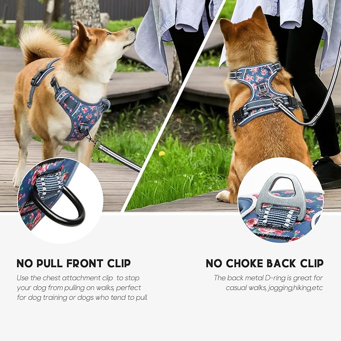 Timos Dog Harness for Large Dog, No Pull Service Vest with Reflective Strips and Control Handle,No Choke Dog Harness with 2 Metal Rings for Easy Walking,Outdoor Training,Flower Blue, L Timos