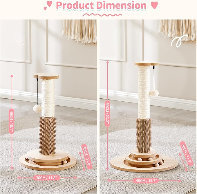 Made4Pets Cat Scratching Post, 23" Tall Sisal Cat Scratcher Post with Cat Self Groomer, 4-in-1 Interactive Trackball Toys with Cat Hair Brush, Vertical Cat Climbing Tree with Dangling Plush Balls - PAWPICO