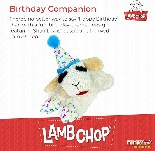 Multipet Lamb Chop Dog Plush Toy w/Birthday Hat - Squeaky Dog Toy for All Dogs - Soft Plush Dog Toy - Stuffed Animal Dog Toy for Playing - Cute Dog Birthday Toy (10.5”, Blue Hat, 5 Squeakers) - PAWPICO