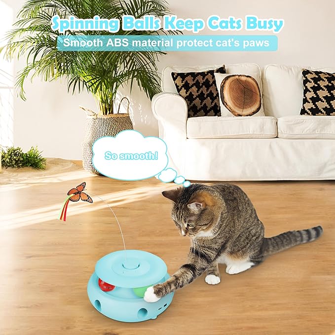 3-in-1 Interactive Cat Toys for Indoor Cats, Automatic 6 Holes Mice Whack-A-Mole, Fluttering Butterfly, Track Balls, USB Rechargeable, Ultra Fun Smart Interactive Kitten Toy (Tiffany Blue) - PAWPICO
