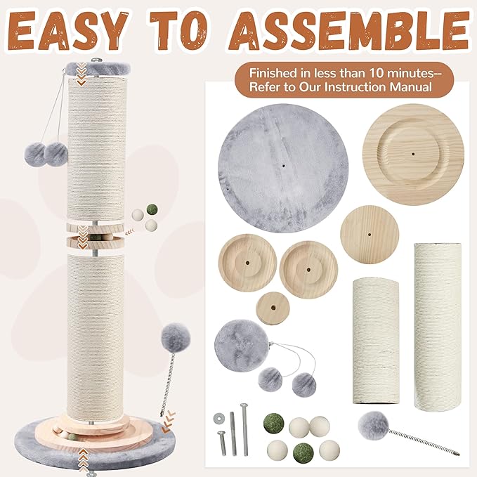 OTOB 32" Tall Cat Scratching Post, 4.3Inch Large Diameter Natural Sisal Rope Scratcher Post for Indoor Large Cats Kittens, 5-in-1 Interactive Turntable Cat Scratch Post (Gray, B-33Inch) - PAWPICO
