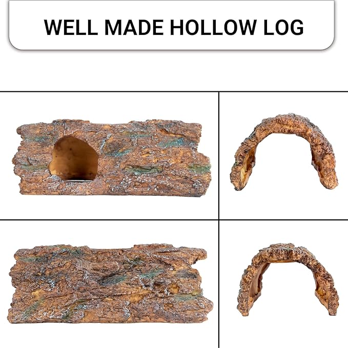 2 in 1 Reptile Hides and Caves with Top Feeder, 9in Resin Hollow Bark Log Hideout, Reptile Basking Platform Hideaway Tank Accessories for Bearded Dragon, Snake, Gecko, Lizard, Tortoise CAVACHEWReptileSupplies
